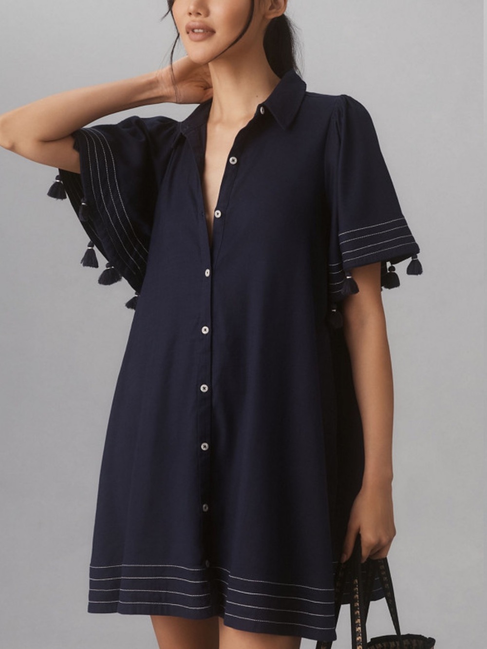 Maeve Navy Button-Front Mini Dress with Tassel Sleeves